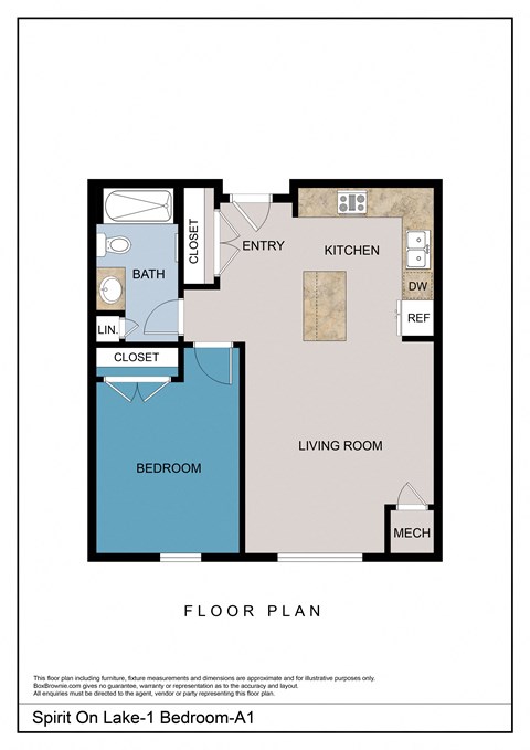 Floor plan for 1 bed, 1 bath, 685 sqft